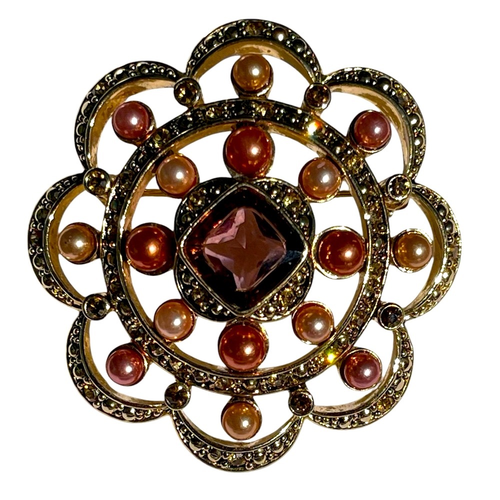 ✨Vintage MONET Floral Starburst Brooch ✨ Rhinestones & Faux Pearls, Signed